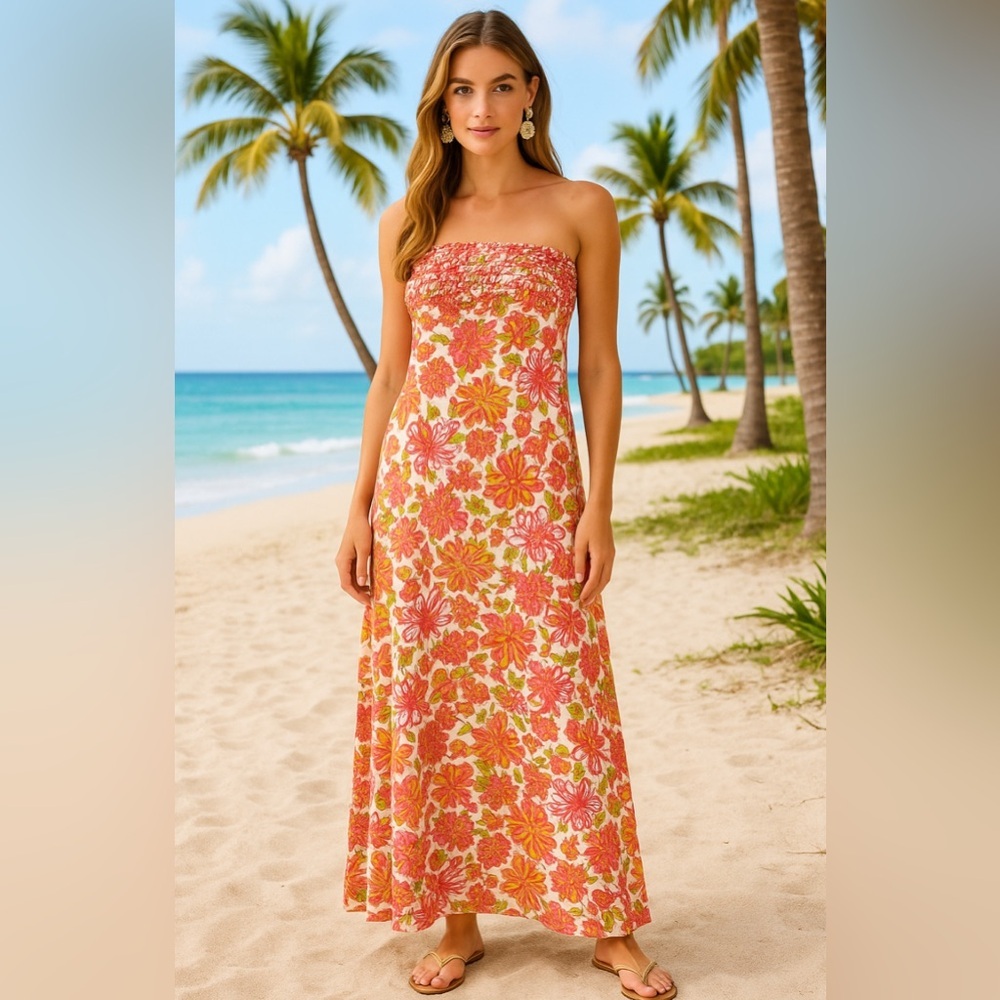 Lilly Pulitzer Strapless Floral Maxi Dress in Coral, Pink & Green